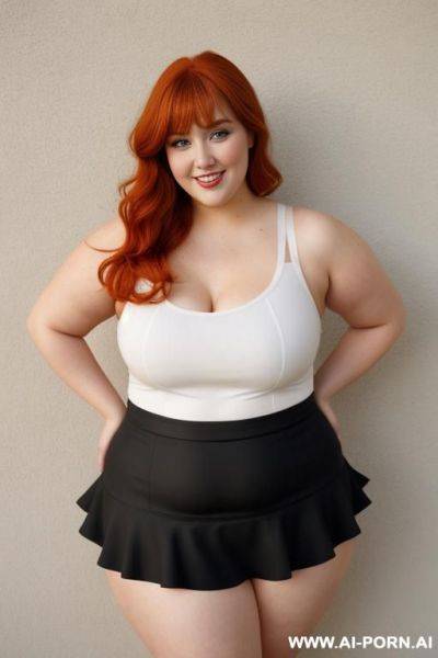 Redhead bbw, chubby and very fat, thick, breasts, dimples, voluptuous shaped, wide hips, thick thighs, chubby, hair, s, slicked back hair, large forehead, black tank top, bra, areola, ruffle microskirt, fully clothed, city - ai-porn.ai on pornintellect.com