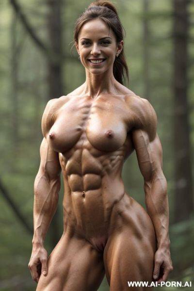 ((smiling topless slender female bodybuilder without tan)), (((topless))), ((nude)), ((naked)), (((nude unbuxom natural))), pretty face, (((sinewy muscular firm hard bodybuilder chest))), inviting eyes, wide - ai-porn.ai on pornintellect.com