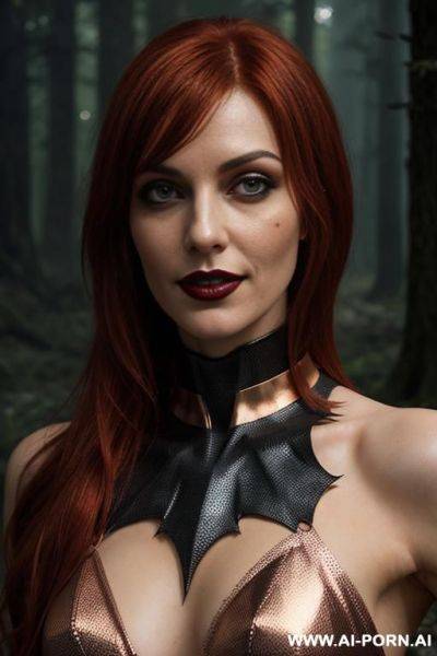 Confident lady vampire, vampire teeth, seductive wide smile, deep forests old ruins, (hypnotic glow art), magic silver eyes, naked shoulders, ashen skin, high contrast shades, golden hours hard - ai-porn.ai on pornintellect.com