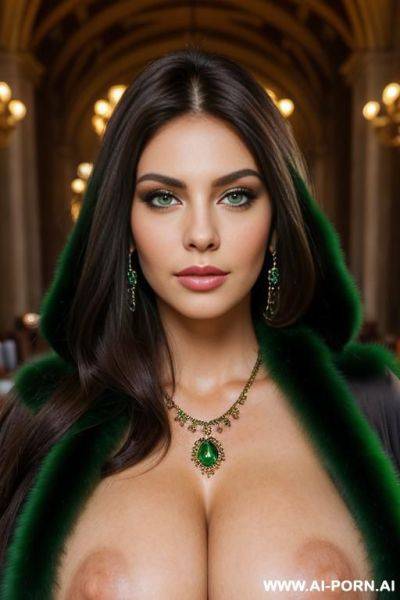 Ultra realistic hot busty woman brunette, green fur cloak, earrings, necklace, makeup, strong dark eyelines, direct eye contact with viewer - ai-porn.ai on pornintellect.com