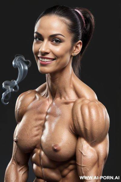 (blue smoke background), real life, ((pallid skin)), shiny skin, realistic nipple, ((nude)), ((naked)), (frontal view), sitting on ground, nipple, look straight into camera, ((round bodybuilder womans - ai-porn.ai on pornintellect.com