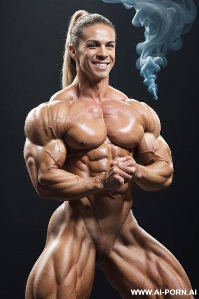 (blue smoke background), real life, ((pallid skin)), shiny skin, realistic nipple, ((nude)), ((naked)), (frontal view), sitting on ground, nipple, look straight into camera, (round bodybuilder womans - ai-porn.ai on pornintellect.com