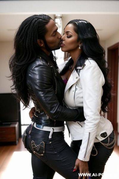 ((((very dark skin african milf)))) with gigantic tits and ((long hair)) (((makeup))) , ((tight black leather jacket)) (((tight jeans))) ((((selfie)))) (((((((kissed by a white man))))))) - ai-porn.ai on pornintellect.com