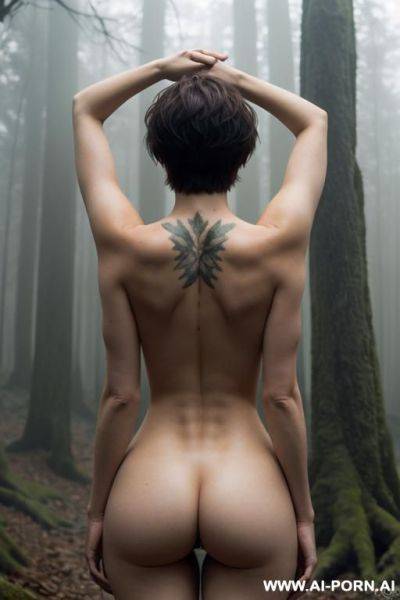 Cersei l. totally naked , arms up, hands behind head, in a foggy forest, round firm boobs, narrow waist, bubble butt, sexy body, ((realistic face)) - ai-porn.ai on pornintellect.com