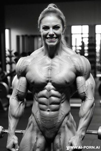 ((most muscular color photo of a nude beautiful short white strong buff sinewy steroid bodybuilder ifbb woman)), ((((big bright eyes)))), ponytail, (stronger massive shoulders), ((extremely thick sinewy - ai-porn.ai on pornintellect.com