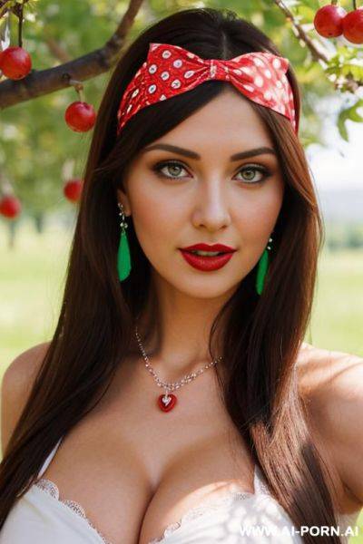 Ultra realistic hot busty woman, (bodycon white dress with red polka dots), earrings, necklace, hairband with bow, makeup, red lips, direct eye contact with viewer, - ai-porn.ai on pornintellect.com