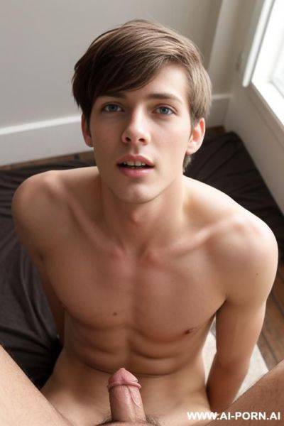 A twink guy, on his knees, naked, looking and horny, looking up to the camera - ai-porn.ai on pornintellect.com