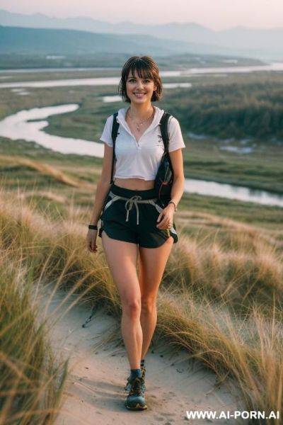 (texas babe), (pretty face), (wide hips), (flirty smirk), (classy), (seductive smirk), (short voluminous hair), (light tan), (natural plump tits), (perfect nipples), ((no top)), ((delicate pretty black - ai-porn.ai on pornintellect.com