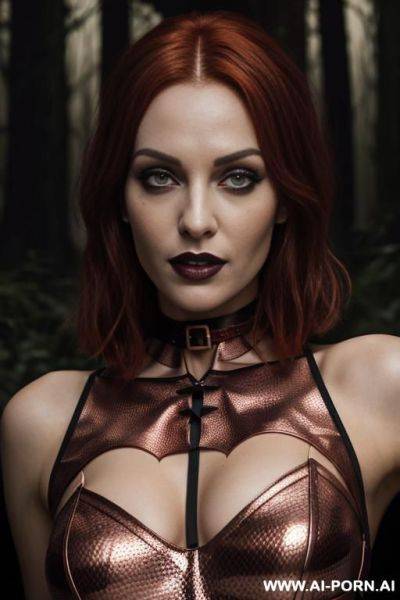Confident lady vampire, badass, vampire teeth, seductive wide smile, deep forests old ruins, (hypnotic glow art, uv reactive), magic silver eyes, sleeveless, natural ashen skin, high contrast shades, - ai-porn.ai on pornintellect.com