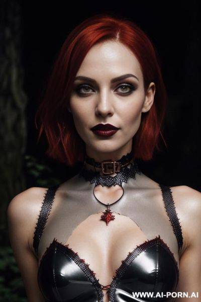 Confident lady vampire, scary badass, vampire teeth, seductive wide smile, deep forests old ruins, (hypnotic glow art, uv reactive), magic silver eyes, sleeveless, natural ashen skin, high contrast - ai-porn.ai on pornintellect.com