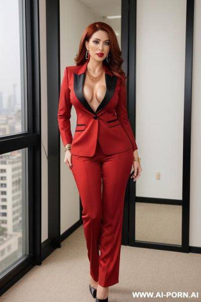 Full makeup, necklace, earrings, bracelets, perfect figure, wide hips, long voluminous hair, suit and pants - ai-porn.ai on pornintellect.com