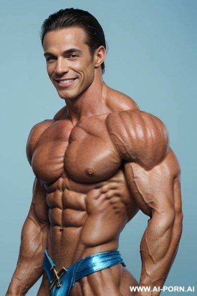 (blue background), real life, ((pallid skin)), shiny skin, realistic nipple, ((nude)), ((naked)), (frontal view), nipple, look straight into camera, ((round bodybuilder womans face)), ((complete bodybuilder - ai-porn.ai on pornintellect.com