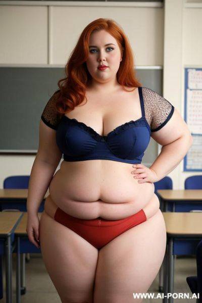 Half body photo shot, about at classroom, so chubby and ((very obese)) bbw curvy teacher, wearing a sexy and hot micro red ruffle microskirt and elegant micro garter belt top, speaking to the classroom. - ai-porn.ai on pornintellect.com