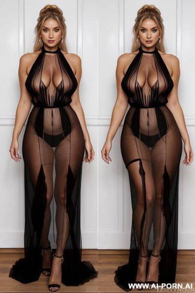 Lace transparent oversized long dress, seethrough lace from neck to feet, ((long saggy hanging oversized boobs)), perfect eyes, ((no panties)), ((no bra)), ((totally naked seethrough)), wide areola - ai-porn.ai on pornintellect.com
