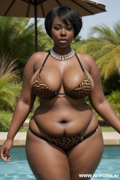 African woman, saggy boobs, animal print hooker bikini, necklace, elries, perfect eyes, waist shot, swimming pool - ai-porn.ai on pornintellect.com