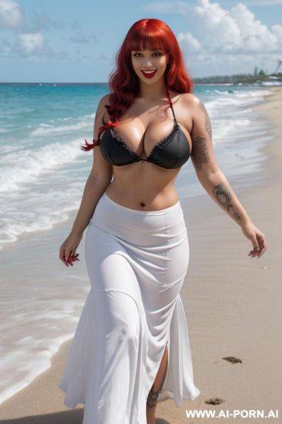 (tattooed, long fluffy curly twin tails bangs vivid red hair, late twenties pinup gothic witch, big green silver irises, straight snub nose, pouty bbl lips, readjusted beautify tall chubby - ai-porn.ai on pornintellect.com