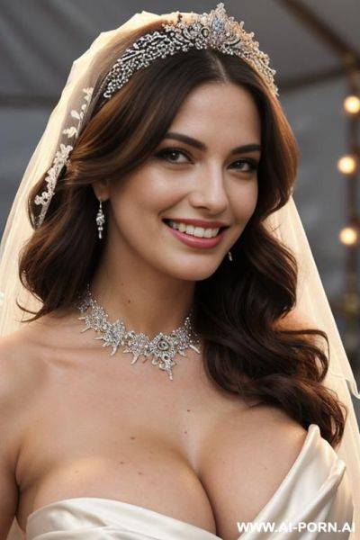 ((topless)), (seductive eye contact), (slight smile), (full voluminous hair), (necklaces), (wide hips), (amazing thighs), (nude), (perfect model face), (slutty smirk), (natural plump tits), (topless dress) - ai-porn.ai on pornintellect.com