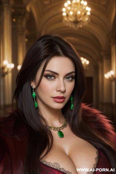 Ultra realistic hot busty woman brunette, red fur coat. earrings, necklace, makeup, strong dark eyelines, direct eye contact with viewer - ai-porn.ai on pornintellect.com