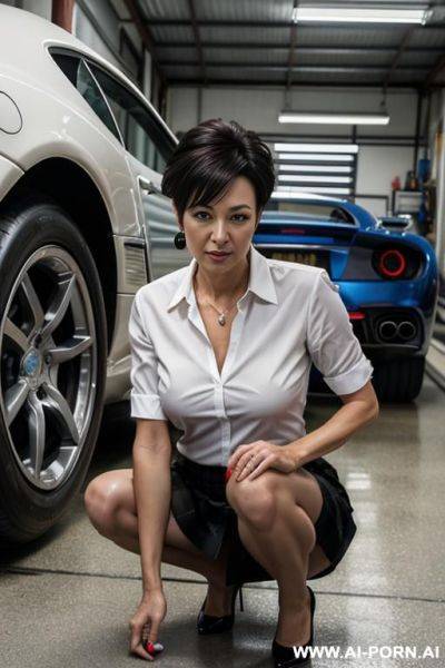 Short, , pixiecut, businesswoman, skirt, squatting, trash corner, shirt open legs, pussy dripping pee onto ground - ai-porn.ai on pornintellect.com