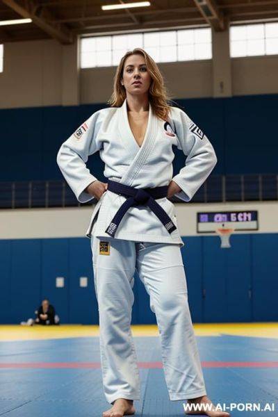 Sports hall, judo outfit, topless, lots of people, showing boobs - ai-porn.ai on pornintellect.com