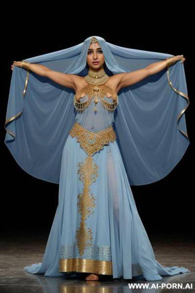 Dark-skinned middle eastern woman. wearing a light blue, flowing, loose-fitting middle eastern dance costume. a light blue face veil is partially covering her face. a light blue, topless. gold-toned, ornate elry accents her upper arms. - ai-porn.ai on pornintellect.com