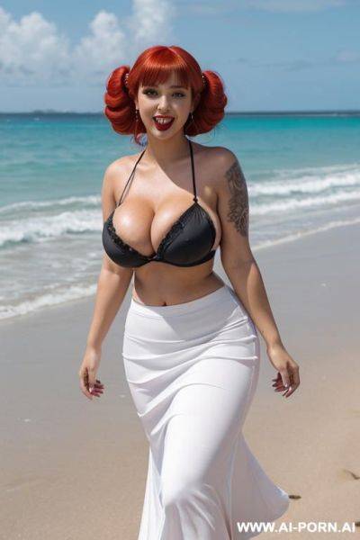 (tattooed, long fluffy curly twin tails bangs vivid red hair, late twenties pinup gothic witch, big green silver irises, straight snub nose, pouty bbl lips, tall chubby hourglass waist lean-built - ai-porn.ai on pornintellect.com