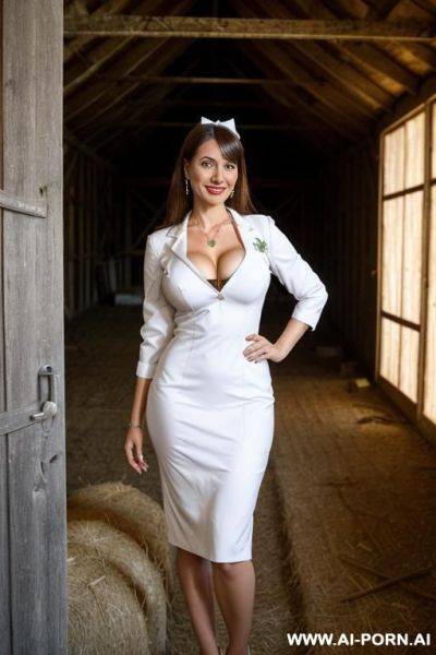 Ultra realistic hot busty woman, (white floral bodycon dress dress), earrings, necklace, hairband with bow, makeup, red lips, - ai-porn.ai on pornintellect.com