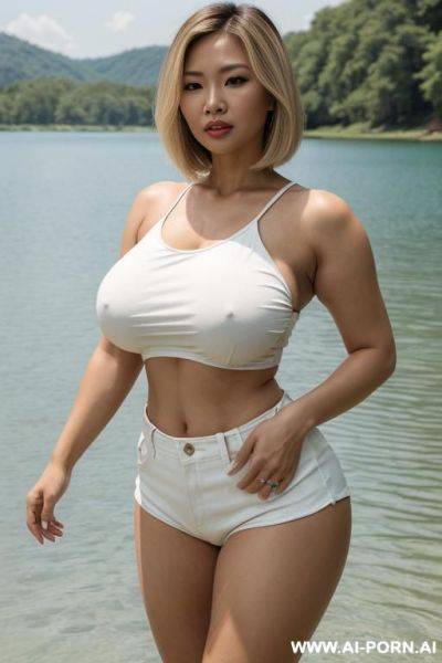 Ultra realistic, asian mother, milfs, horny faces, smirks, gigantic boobs, plump body shape, tan skin, big buttocks, straight blonde hair, short hair, white crop top outfit, full body view in lake, hand on boobs. - ai-porn.ai on pornintellect.com