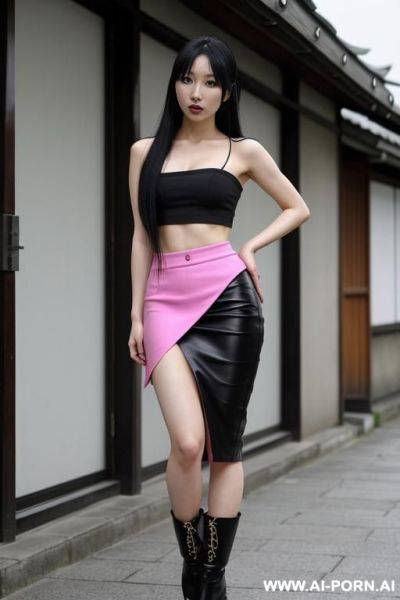 Chinese woman, 2, black hair, cyan skirt, cyan boots, pink crop top, long hair - ai-porn.ai - China on pornintellect.com