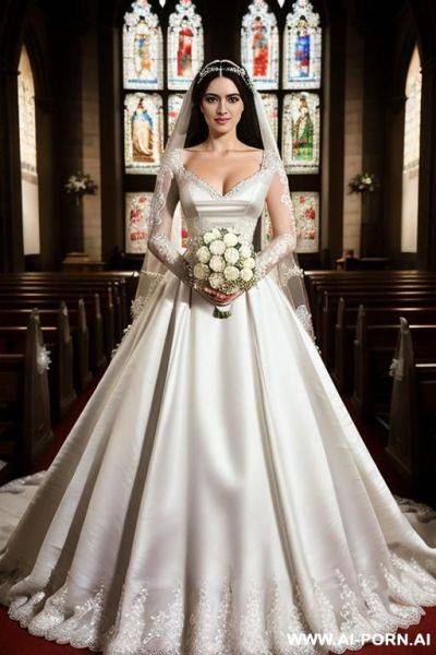 White princess with long black hair wearing medieval wedding gown and lots of elry, making a funny face - ai-porn.ai on pornintellect.com