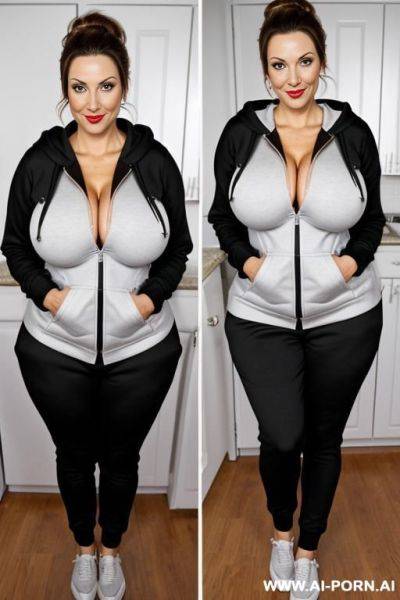 A pin-up milf, ((giant breasts)), (flirtatious look on her face) (detailed face) (wearing a hoodie) (realistic clothes) (her hoodie is zipped up) - ai-porn.ai on pornintellect.com