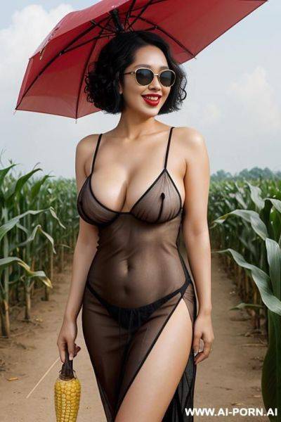 Thai woman, curly bob hair to shoulder length, wearing sunglasses, fair skin, red lips, plump, laughing, big breasts, naked, showing breasts, showing vagina, holding an umbrella (short tight see-through dress), high heels, corn field, thailand - ai-porn.ai - Thailand on pornintellect.com
