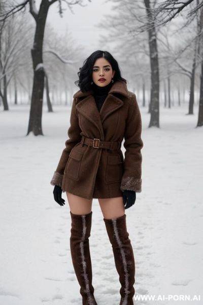 20s, latina, naked, winter, snow, short wavy hair, seductive expression, closed mouth, winter boots - ai-porn.ai on pornintellect.com