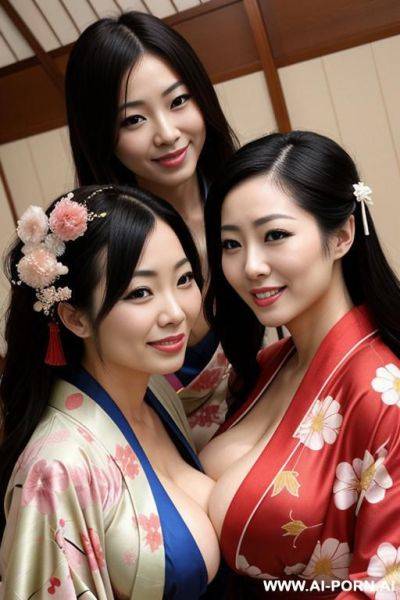 Trio of sexy japanese in kimono, big breast squized ther breast, lesbian - ai-porn.ai - Japan on pornintellect.com