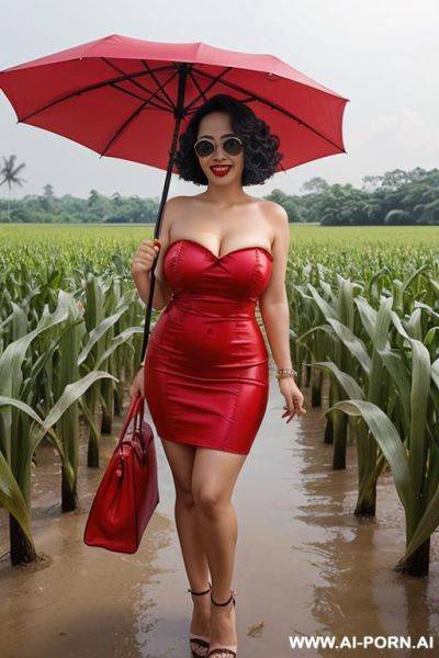 Thai woman, curly bob hair to shoulder length, wearing sunglasses, fair skin, red lips, plump, laughing, big breasts, naked, showing breasts, showing vagina (hand holding umbrella handle) (short, - ai-porn.ai - Thailand on pornintellect.com
