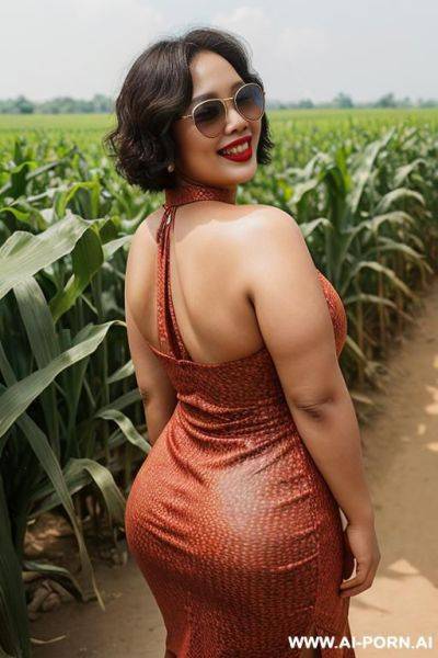 A chubby thai woman with shoulder-length curly bob hair, wearing sunglasses, fair skin, red lips, laughing (a halter neck dress, deep buttocks), a cornfield, thailand - ai-porn.ai - Thailand on pornintellect.com