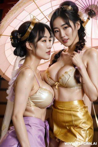 ((two kawaii korean women with natural boobs)), (((perfect high quality kawaii face))), (messy purple and white twin braided hair and updo ), ((gold wedding veil and short skirt)), (cum on boobs - ai-porn.ai - Japan - North Korea on pornintellect.com