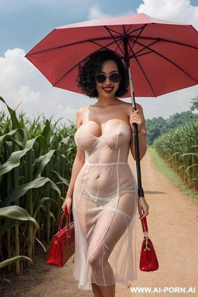 Thai woman, curly bob hair to shoulder length, wearing sunglasses, fair skin, red lips, plump, laughing, big breasts, naked, showing breasts, showing vagina (hand holding umbrella handle) (strapless - ai-porn.ai - Thailand on pornintellect.com