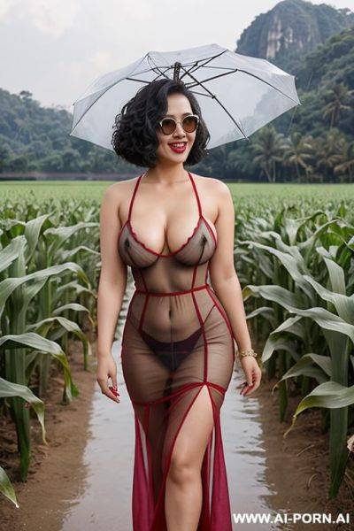 Thai woman, curly bob hair to shoulder length, wearing sunglasses, fair skin, red lips, plump, laughing, big breasts, naked, showing breasts, showing vagina, holding an umbrella, tight see-through dress, high heels, corn field, thailand - ai-porn.ai - Thailand on pornintellect.com