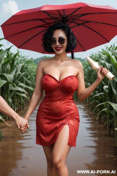 Thai woman, curly bob hair to shoulder length, wearing sunglasses, fair skin, red lips, plump, laughing, big breasts, naked, showing breasts, showing vagina (right hand holding umbrella handle) (left - ai-porn.ai - Thailand on pornintellect.com