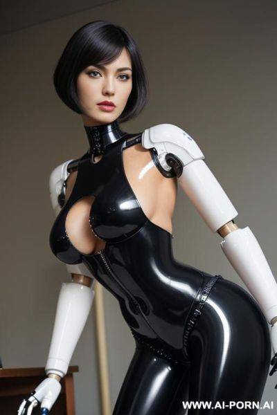 Beautiful realistic (( taur-women schemale fully latex robotic body standing four legs)), detaleid face, skin in latex white plated color, covered to latex, to boots, to beautiful robotic hand hd image quality, ((no background)). - ai-porn.ai on pornintellect.com