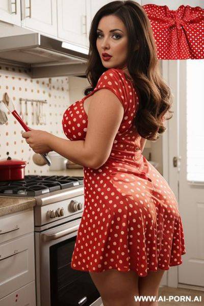 Gorgeous hot brunette women wearing (((red polka dot dress))) in kitchen, curvy ass, fucked, pov, cartoon style - ai-porn.ai on pornintellect.com