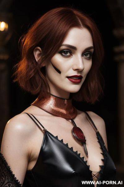 Confident lady vampire, scary badass vampire teeth, seductive wide smile smirk, deep forests old ruins, (hypnotic glow art, uv reactive), shining magic hazel eyes, sleeveless, natural ashen skin, - ai-porn.ai on pornintellect.com