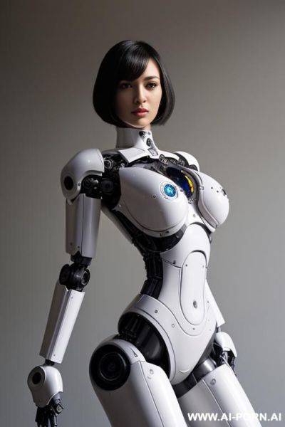 Beautiful realistic (( taur-women fully robotic body standing four legs)), detaleid face, skin in latex white plated color, covered to latex, to boots, to beautiful robotic hand hd image quality, ((no background)). - ai-porn.ai on pornintellect.com