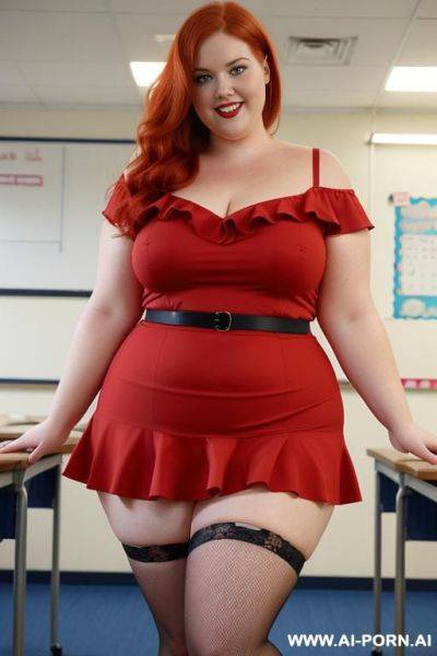 Close up full body photo shot, about at classroom, very obese with hips and fat legs redhead fat bbw curvy teacher, wearing a sexy and hot micro red ruffle skirt, and elegant top, teaching to the classroom. - ai-porn.ai on pornintellect.com