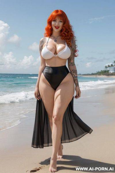 (tattooed, twin tails long fluffy curly bangs vivid ginger hair, late twenties american pinup goth witch mom, captivating green silver irises, straight snub nose, pouty bbl lips, tall lean-built - ai-porn.ai - Usa on pornintellect.com