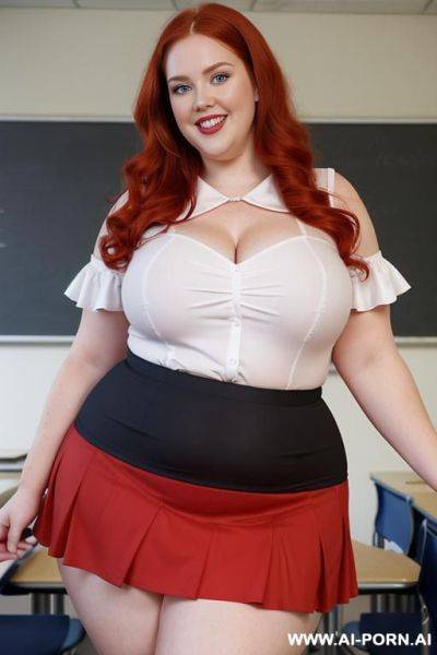 Close up half body photo shot, about at classroom, very obese with hips and fat legs redhead fat bbw curvy teacher, wearing a sexy and hot micro red ruffle skirt, and elegant top, teaching to the classroom. - ai-porn.ai on pornintellect.com