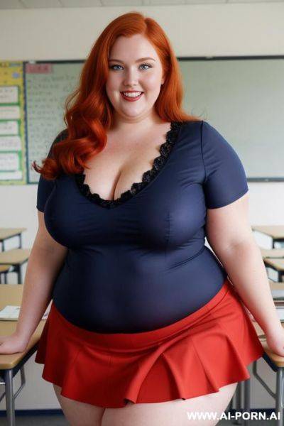 Close up full body photo shot, about at classroom, chubby very obese redhead fat bbw curvy teacher, wearing a sexy and hot micro red ruffle skirt, and elegant top, teaching to the classroom. - ai-porn.ai on pornintellect.com