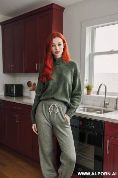 Woman, full body, standing, long hair, expressive green eyes, wearing wine red sweater and gray sweatpants, home kitchen - ai-porn.ai on pornintellect.com