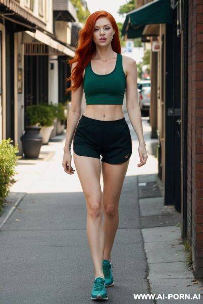 Red-haired woman, full body, standing, long hair, expressive green eyes. wearing gym clothes, black shorts, tight blue tank top, walking through the streets of the neighborhood - ai-porn.ai on pornintellect.com